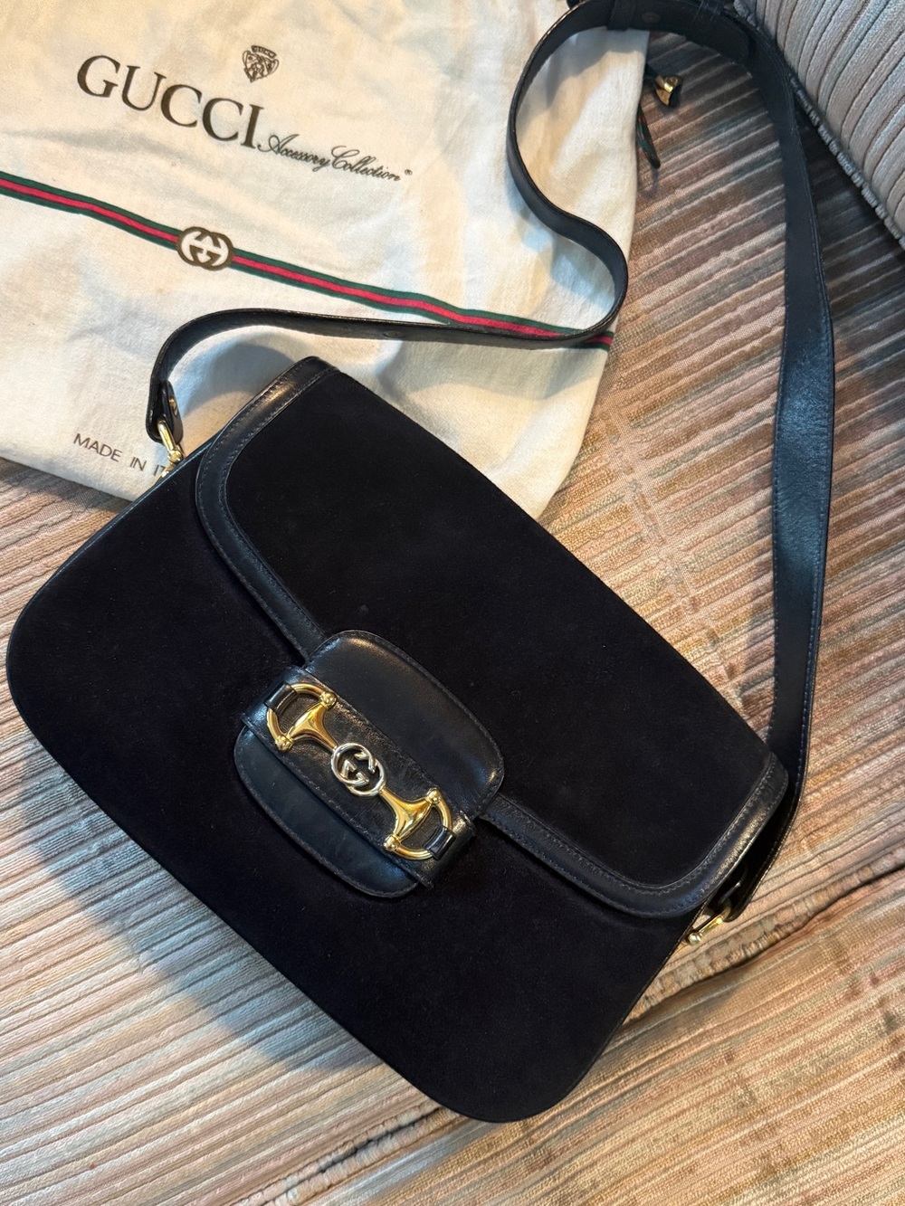 Vintage Gucci Black Suede Crossbody Bag with Gold-Tone Horsebit